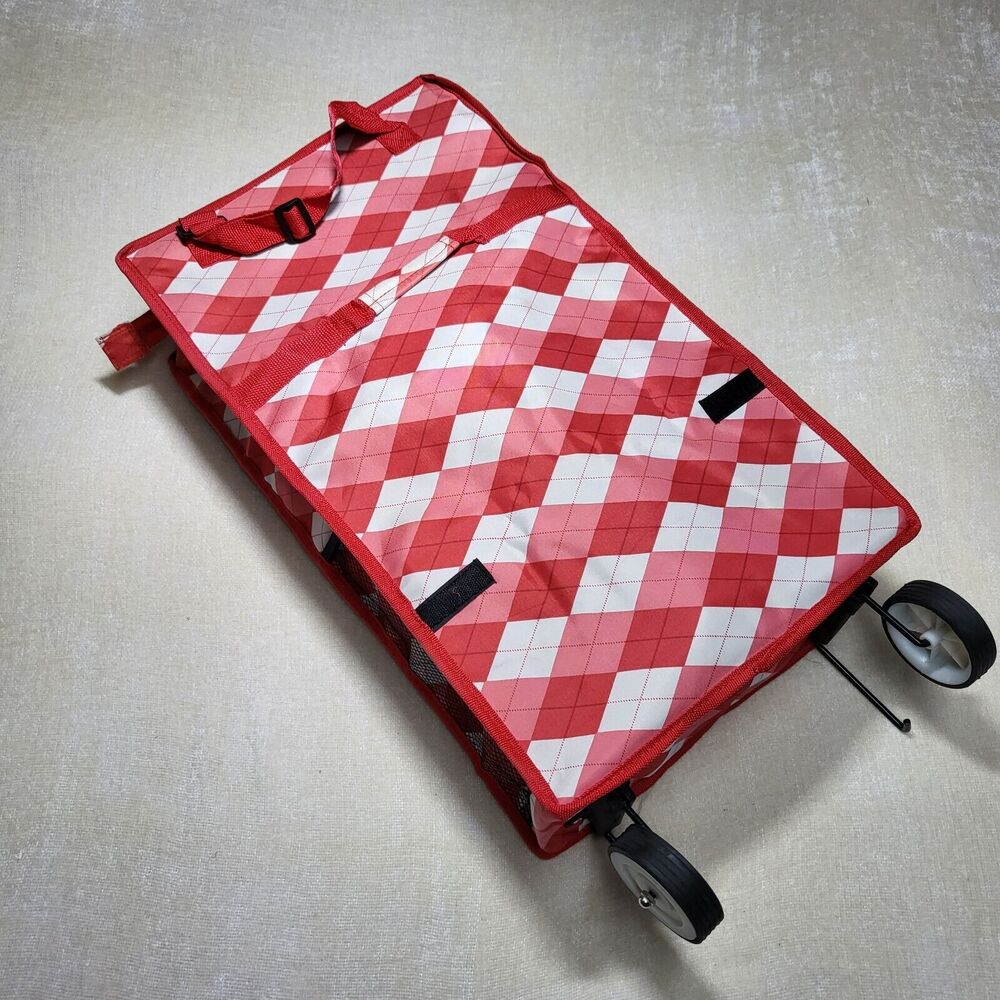 Rolling Travel Bag Collapsible Red White Argyle Print